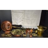 Boxes and Objects - a Victorian copper bed warmer; a copper pan; other copper and brass;