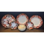 Ceramics - a Royal Crown Derby Imari 383 pattern shaped plate; a pair of 1270 pattern saucers;