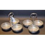 A pair of pewter three section condiment stands,