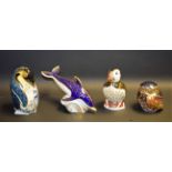 A Royal Crown Derby Paperweight, Little Owl, gold stopper; a Puffin, gold stopper; Emperor Penguin,