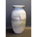 A large Royal Copenhagen ovoid vase, printed in tones of blue, with windmill and landscape,