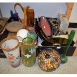 Ceramics and Glass - a larger amber glass ewer; similar vase; others, stained glass lamp shade,