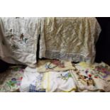 Textiles - hand embroidered linen tablecloths including Crinoline lady,