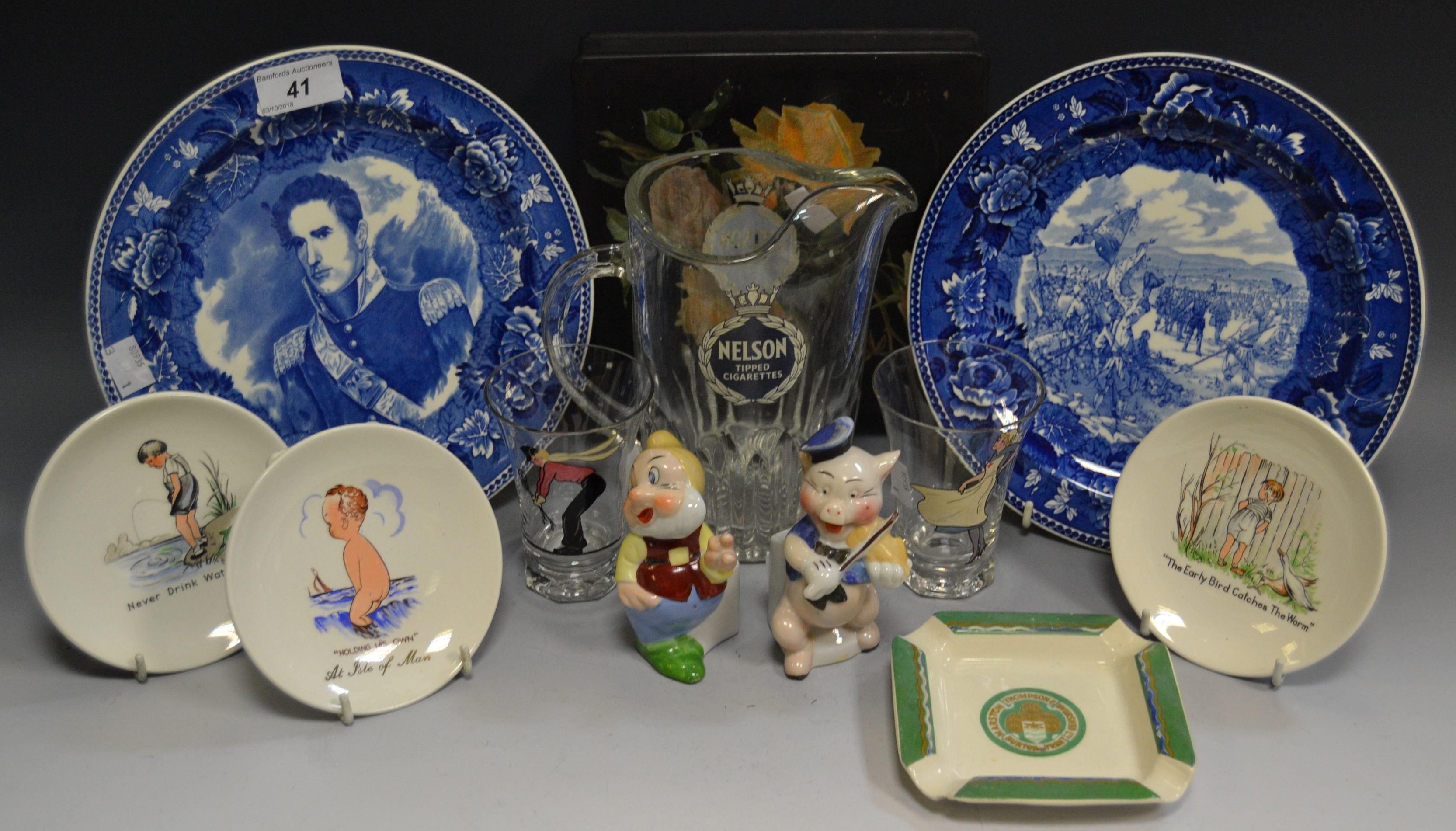 A Walt Disney Snow White Dwarf; another Fiddling Pig; the Liverpool Road Pottery saucy pin dishes,