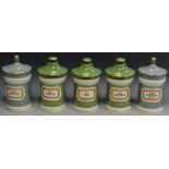 Apothecary - five 20th century ceramic dry drug/powder storage jars, bird egg blue and sage,