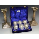 Silver Plate - a pair of epns Corinthian column candlesticks, stepped square bases, 19.