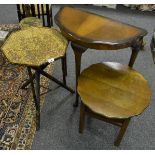 A bamboo octagonal occasional table; a mahogany serpentine demi-lune table; a 1940's oak workbox.