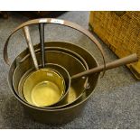 A brass jam pan, 34cm diameter; another,