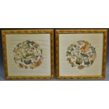 Two oriental decorative silk panels decorated with silkwork flora, gilt framed.