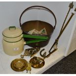 KItchenalia - a vintage cream and green enamelled Bay Marie pan and cover; brass preserve pan;