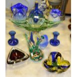 Glassware - coloured glass vases; bottle; candle sticks;