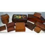 Treen - assorted boxes including rosewood and mop inlaid box; teak carved and brass inlaid boxes;