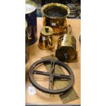 A 19th century brass meat jack with suspension ring; a brass hot water pot and cover;