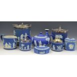 Wedgwood - Blue Jasperware, biscuit barrels, teapot, vases, trinket dish,