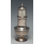 A George V silver baluster sugar caster, of substantial gauge and 18th century design, knop finial,