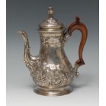 A George II Rococo silver pear-shaped coffee pot, of small proportions, fluted knop finial,