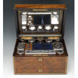 A Victorian brass mounted burr walnut rectangular dressing box,