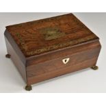 A Regency rosewood and brass marquetry sarcophagus workbox,