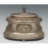 A 20th century French plated table box, of shaped oval form, the sides in relief with birds,