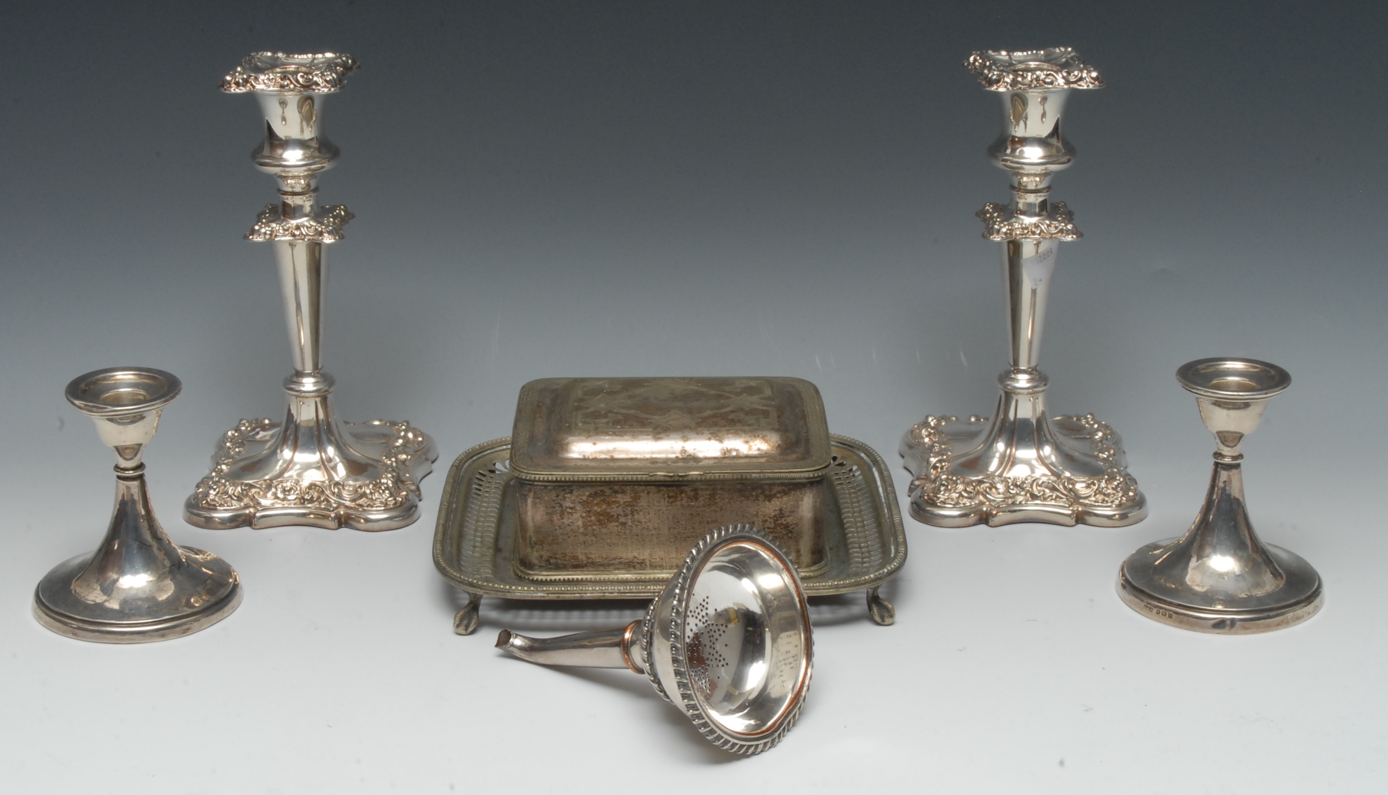 A George III Old Sheffield Plate wine funnel, gadrooned borders, 13cm long, c.1800; a pair of E.P.