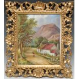 A Continental porcelain plaque, painted with a rural cottage with figures,29cm x 24cm,