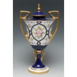 A Mintons two handled pedestal ovoid vase, decorated with roses within a blue ribbon cartouche,