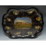 A large Victorian papier mache shaped oval serving tray, the field painted with a castle,
