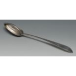 A rare 18th century Irish Provincial silver Bright-cut Celtic Point pattern straining spoon, 32.