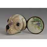 A George III South Staffordshire enamel novelty snuff box or bonbonniere, as the head of a dog,