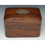 A Victorian walnut rounded rectangular jewel box, the domed cover centred by a flushed handle,