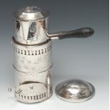 An unusual Elkington and Co plated travelling coffee pot, stand and burner, engraved with foliage,