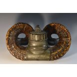 A large Victorian Scottish pewter mounted ram's horn table snuff mull, eagle finial,