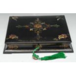 A Jennens & Bettridge papier mache rectangular box, inlaid in abalone and painted with scrolls,