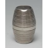 A George III silver ribbed barrel shaped nutmeg grater, screw-fitting cover enclosing a steel rasp,