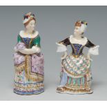 A pair of Minton candle snuffers, Mrs. Malaprop and Lady Teazle, painted in polychrome, 9cm and 10.