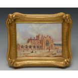 An English Porcelain rectangular plaque, painted with Melrose Abbey, Scotland,