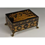 A Regency penwork rectangular work box, decorated in the chinoiserie taste with figures in a pagoda,