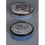 A South Staffordshire enamel oval patch box, the cover enamelled in sepia with rustic cottage,