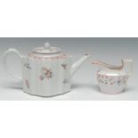 A New Hall serpentine teapot and cover, decorated in the famille rose palette with flower sprigs,