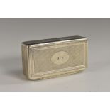 A 19th century Continental silver rounded rectangular snuff box, engine turned, hinged cover, 7.