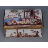 An 18th century Birmingham enamel rectangular box, the cover enamelled with classical columns,