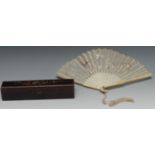 A Cantonese ivory twenty-stick fan, the screen worked in coloured silks with a ferocious dragon,