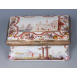 An 18th century Birmingham enamel rectangular box, the cover enamelled with busy Italian port,