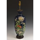 A Japanese cloisonné enamel vasular table lamp, decorated with white chrysanthemums,