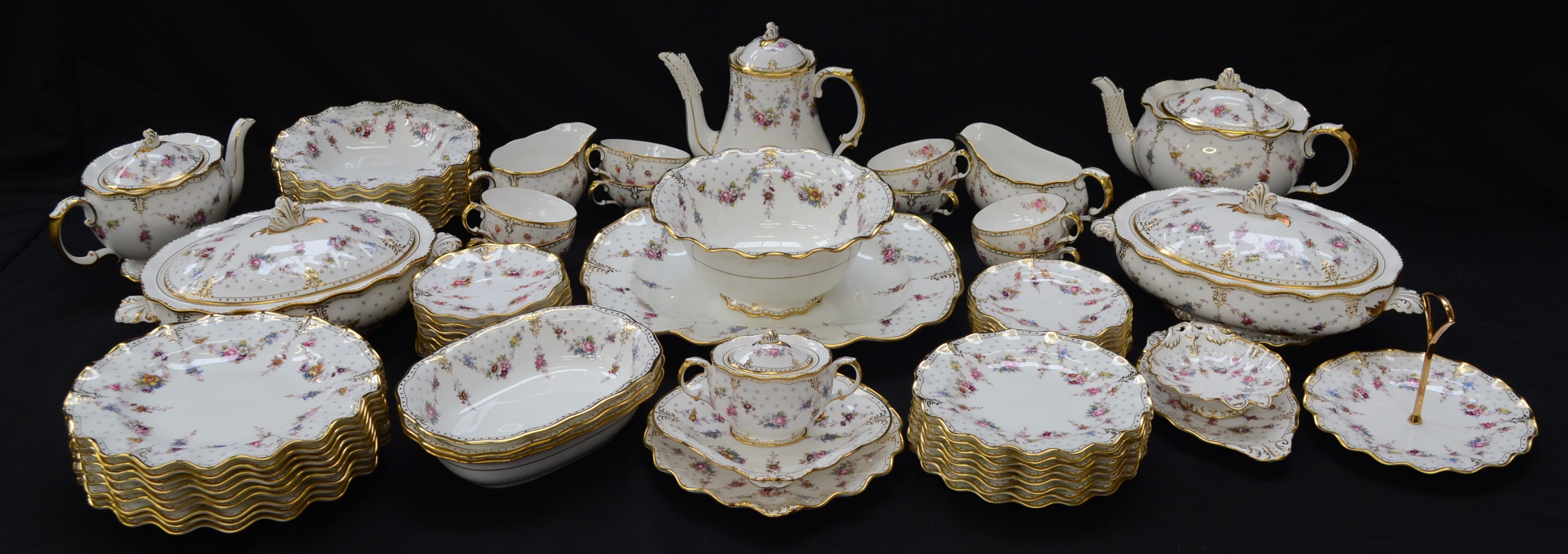 A Royal Crown Derby Royal Antoinette pattern dinner, tea and coffee service, for eight,