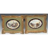 A pair of English Porcelain oval plaques, painted with continental castles by lakes,