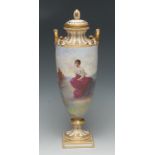 A Minton slender vase and cover, painted by F. E.