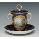 A Lynton porcelain two-handled tapering cylindrical chocolate cup, cover and stand,