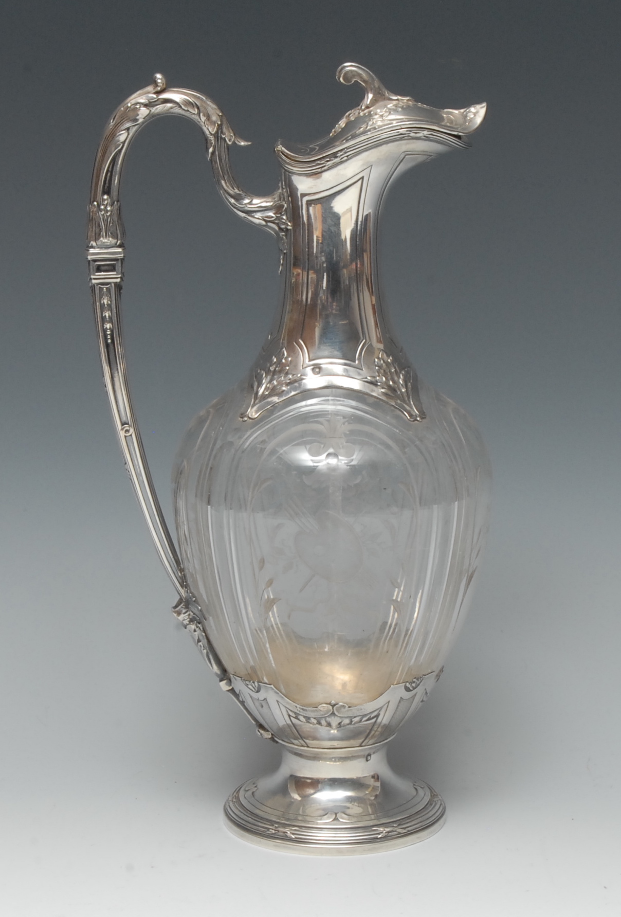 A 19th century French silver mounted baluster claret jug, hinged cover,