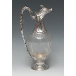 A 19th century French silver mounted baluster claret jug, hinged cover,